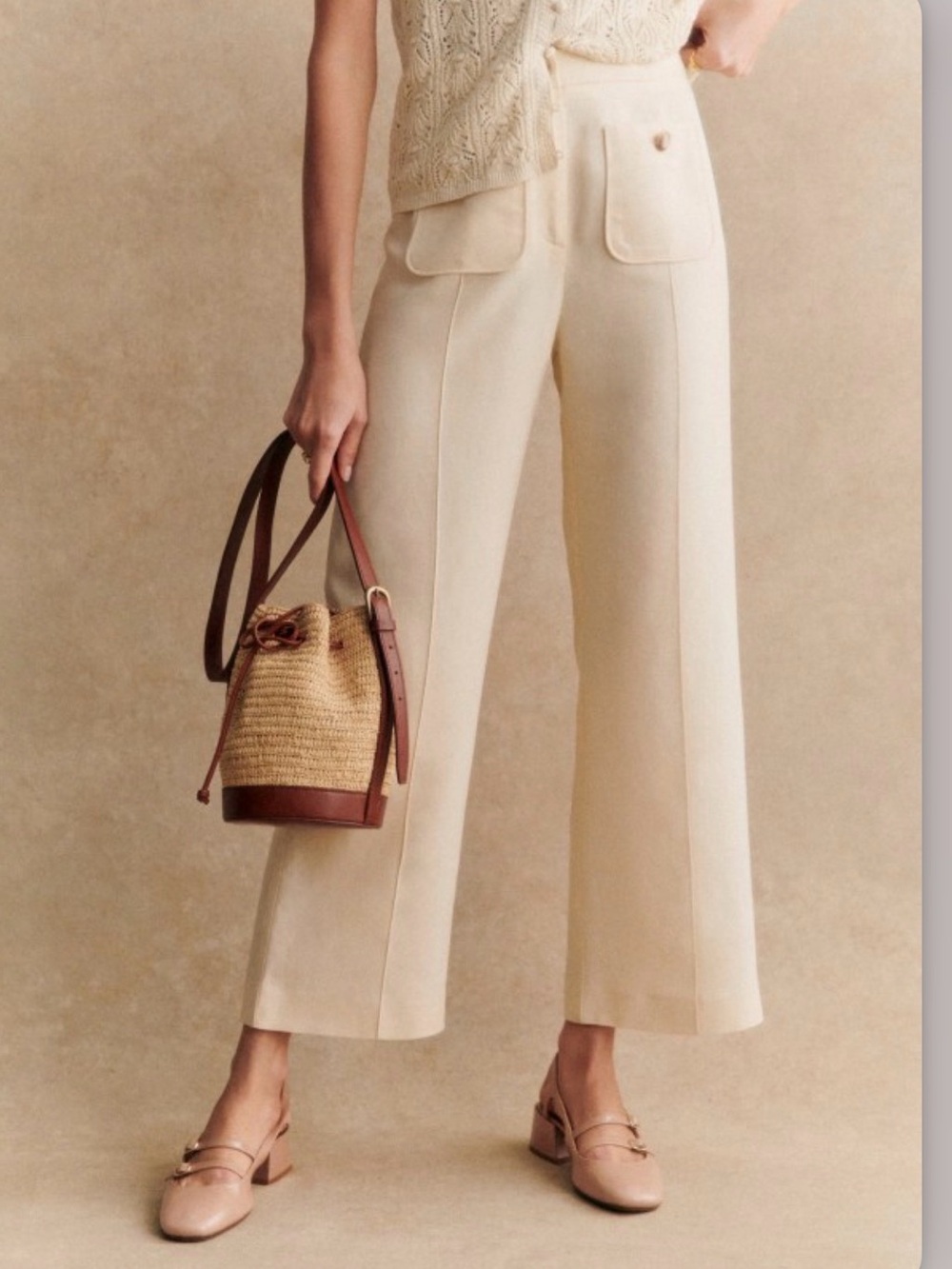 NWT Sezane High-Rise Wide-Leg Cream crop Trousers linen blend emilio